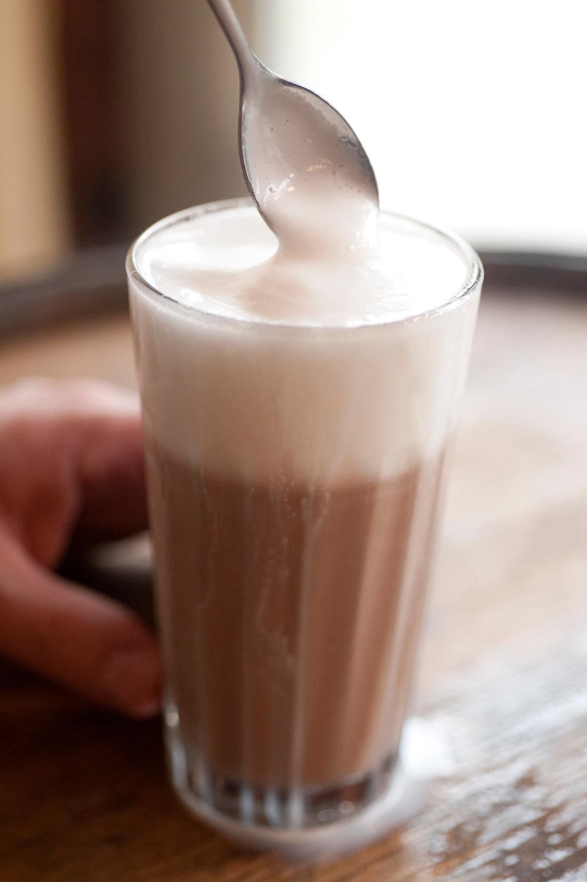 An egg cream, an iconic New York drink, from Brooklyn Farmacy and Soda Fountain. Containing neither eggs nor cream, it's essentially a chocolate seltzer. (Courtesy of Brooklyn Farmacy and Soda Fountain)