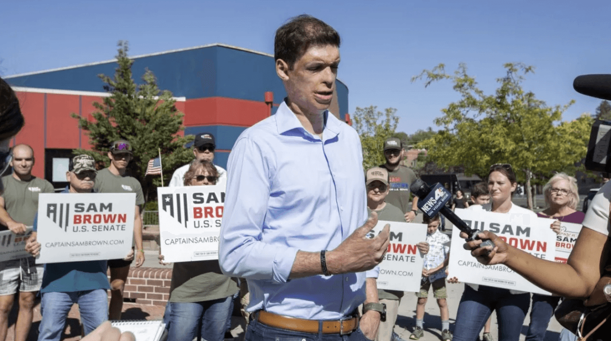 Sam Brown, here speaking after voting at Reno High School in Reno, Nev. in the GOP June 14, 2022, Senate primary, is again running for the Senate in 2024. (AP Photo/Tom R. Smedes)