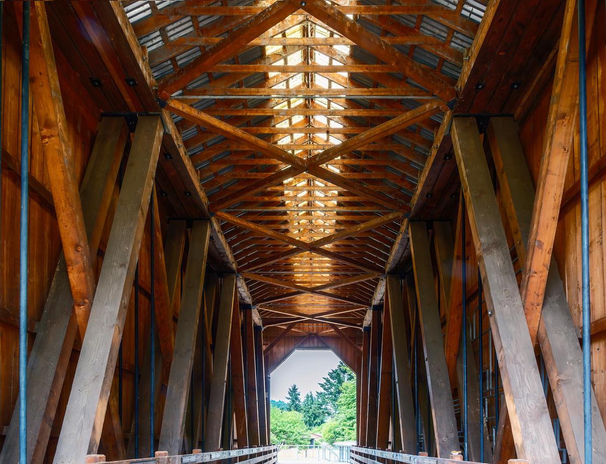 The interior of Chambers Covered Bridge, one of the covered bridges in Cottage Grove, Ore. (Maria Coulson)