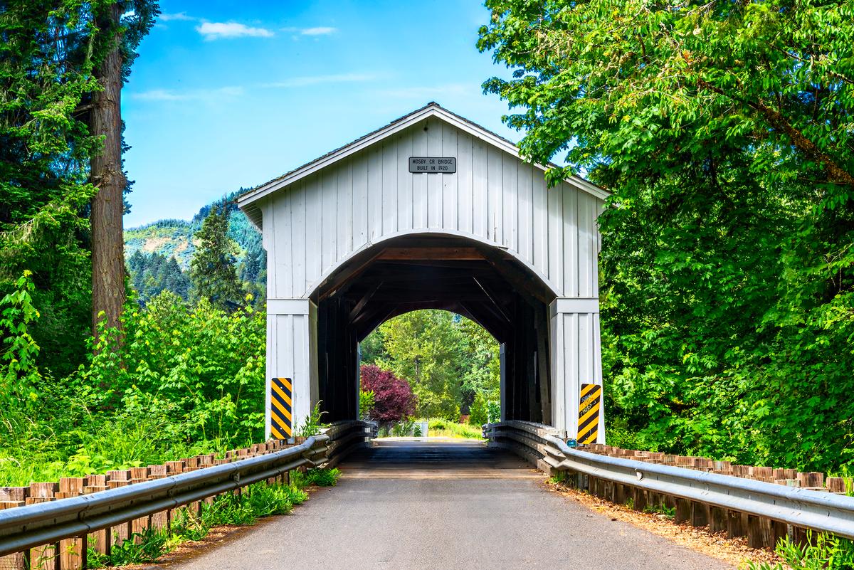 Mosby Creek Bridge, the only covered bridge that is still part of Cottage Grove's roadway infrastructure. (Maria Coulson)