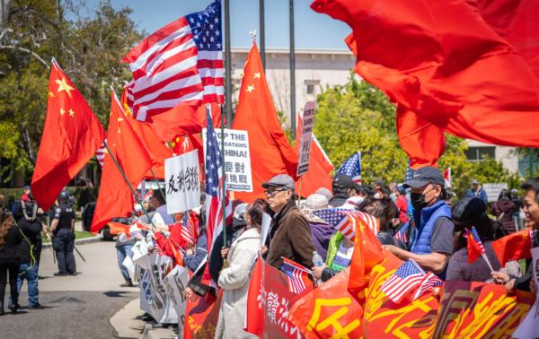Pro-China supporters protest the arrival of Taiwan President Tsai Ing-wen at the Ronald Raegan Presidential Library in Semi Valley, Calif., on April 5, 2023. (John Fredricks/The Epoch Times)