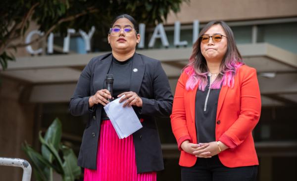 Santa Ana Mayor Pro Tem Jessie Lopez and Councilwoman Thai Viet Pham speak about recall efforts against them at the city hall of Santa Ana, Calif., on Jan. 30, 2023. (John Fredricks/The Epoch Times)