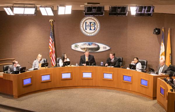 The Huntington Beach City Council conducts a meeting at the Civic Center in Huntington Beach, Calif., on Jan. 17, 2023. (John Fredricks/The Epoch Times)