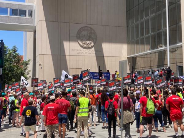 The arrests of three University of California–San Diego student workers accused of vandalizing campus property drew a crowd to the San Diego Central Courthouse in protest of potential criminal charges in San Diego on July 10, 2023. (Courtesy of Philip Zhu)