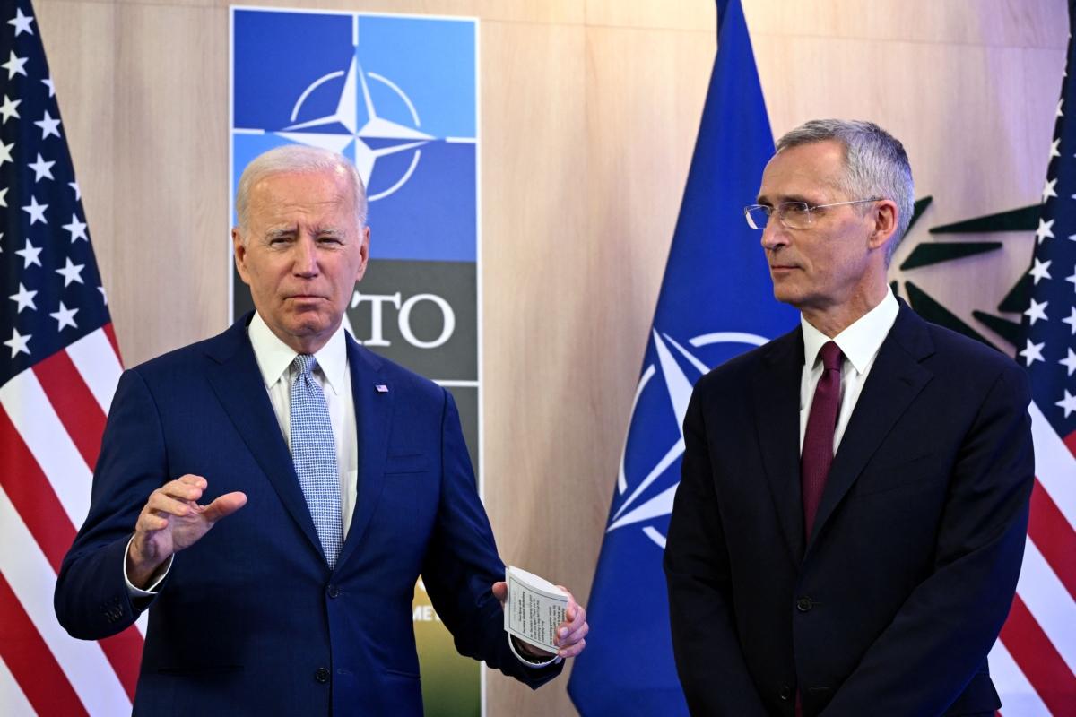 NATO Secretary General Jens Stoltenberg (R) and U.S. President Joe Biden give a statement before the bilateral meeting on the sidelines of the NATO Summit in Vilnius, Lithuania, on July 11, 2023. (Andrew Caballero-Reynolds/AFP via Getty Images)