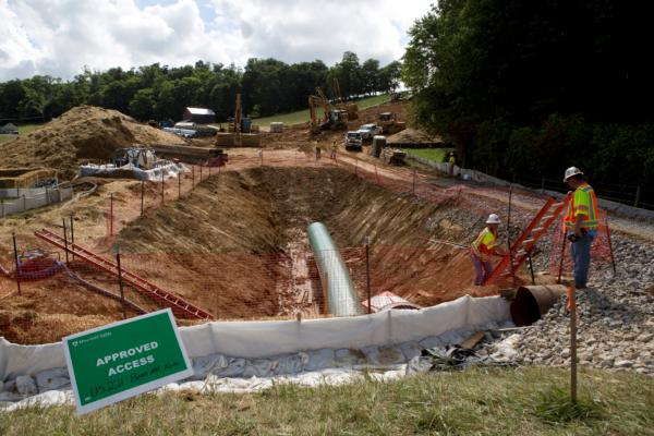 Construction crews work on a tunnel through which the Mountain Valley Pipeline will pass in Roanoke County, Va., on June 22, 2018. (Heather Rousseau/The Roanoke Times via AP, File)