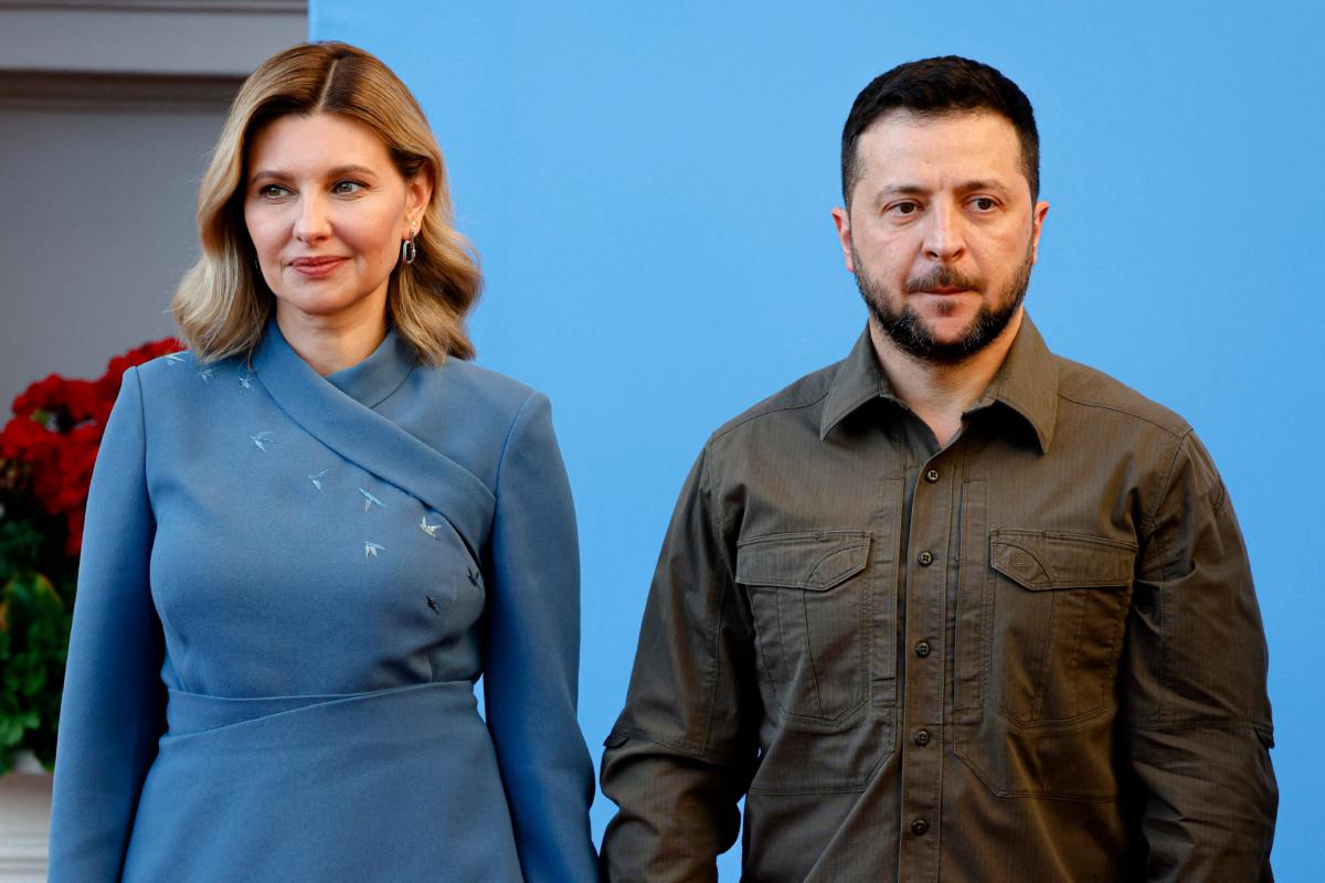 Ukrainian President Volodymyr Zelenskyy and his wife, Olena Zelenska, pose for a photograph ahead of the social dinner during the NATO summit, at the Presidential Palace in Vilnius, Lithuania, on July 11, 2023. (Ludovic Marin/AFP via Getty Images)