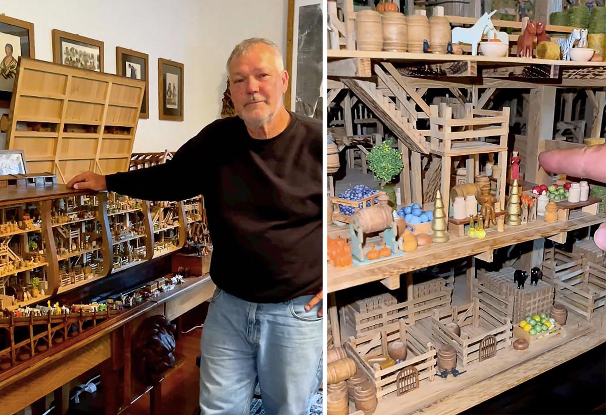 (Left) Mackie Jenkins with his largest of three models of Noah's Ark; (Right) A detail of the interior of the model Ark shows Noah in his kitchen drinking grape juice. (Courtesy of <a href="https://www.instagram.com/hiskidscompany/">Megan Jenkins</a>)