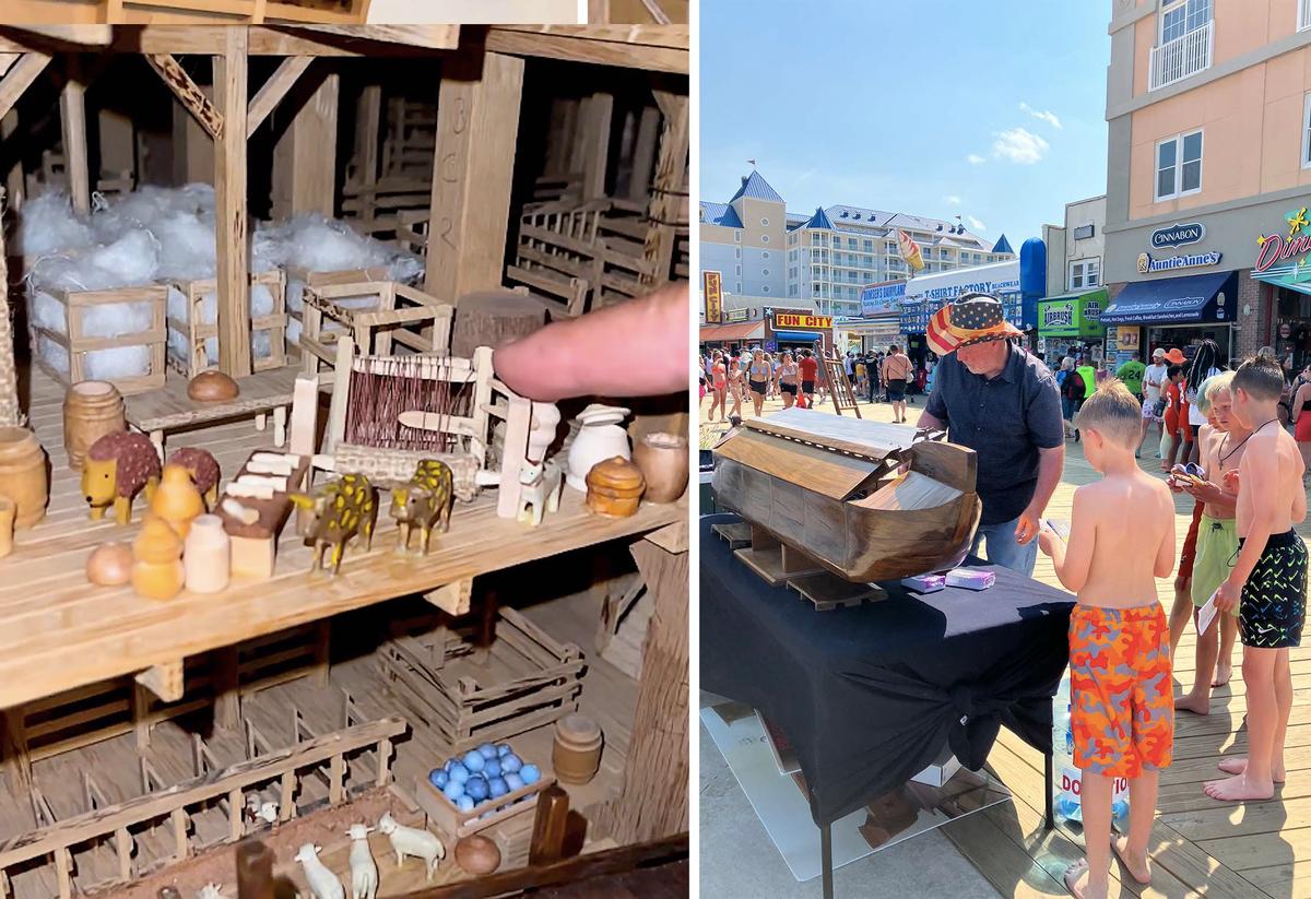 (Left) A detail showing the interior of Mr. Jenkins's model Ark; (Right) Mr. Jenkins teaches about the Biblical facts demonstrated in one of his two smaller-scale Ark replicas. (Courtesy of <a href="https://www.instagram.com/hiskidscompany/">Megan Jenkins</a>)