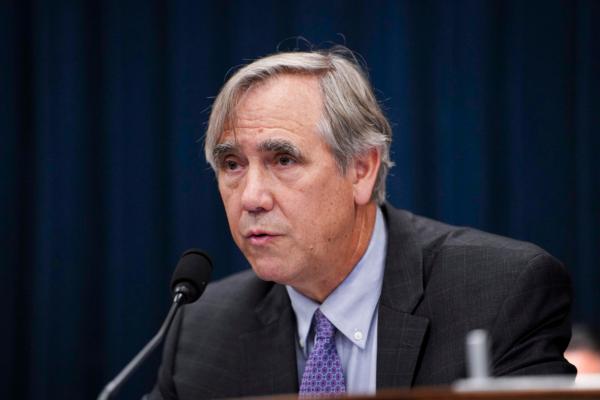 Sen. Jeff Merkley (D-Ore.) speaks during a hearing titled “Corporate Complicity: Subsidizing the PRC’s Human Rights Violations” in Washington on July 11, 2023. (Madalina Vasiliu/The Epoch Times)