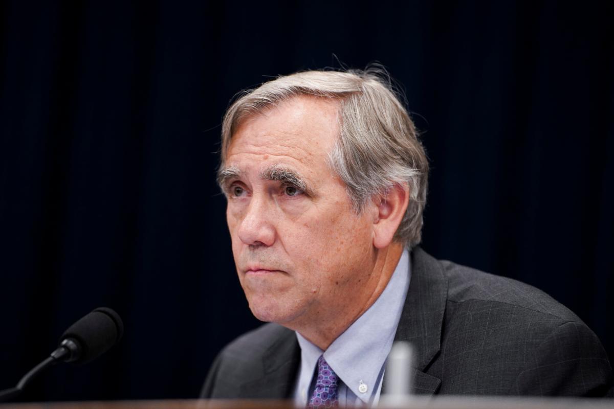 Sen. Jeff Merkley (D-Ore.) speaks during a hearing about “Corporate Complicity: Subsidizing the PRC’s Human Rights Violations” in Washington on July 11, 2023. (Madalina Vasiliu/The Epoch Times)