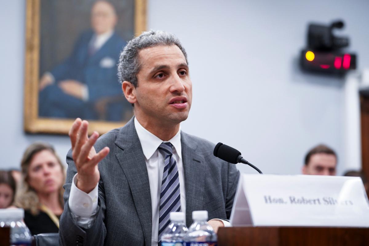 Robert Silvers, under secretary for policy at the U.S. Department of Homeland Security, testifies before the Congressional-Executive Commission on China at a hearing about "Corporate Complicity: Subsidizing the PRC’s Human Rights Violations" in Washington on July 11, 2023. (Madalina Vasiliu/The Epoch Times)
