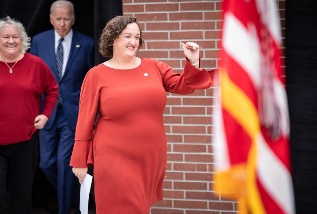 Rep. Katie Porter (D-Calif.), here speaking in Irvine, Calif., on Oct. 14, 2022, is running for the Senate in 2024, leaving her House seat vacant and among both parties’ targeted congressional races. (John Fredricks/The Epoch Times)