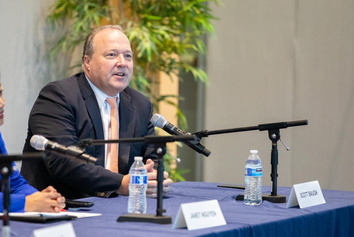 Scott Baugh speaks at Newport Beach City Hall in Newport Beach, Calif., on Oct. 12, 2022. (John Fredricks/The Epoch Times)