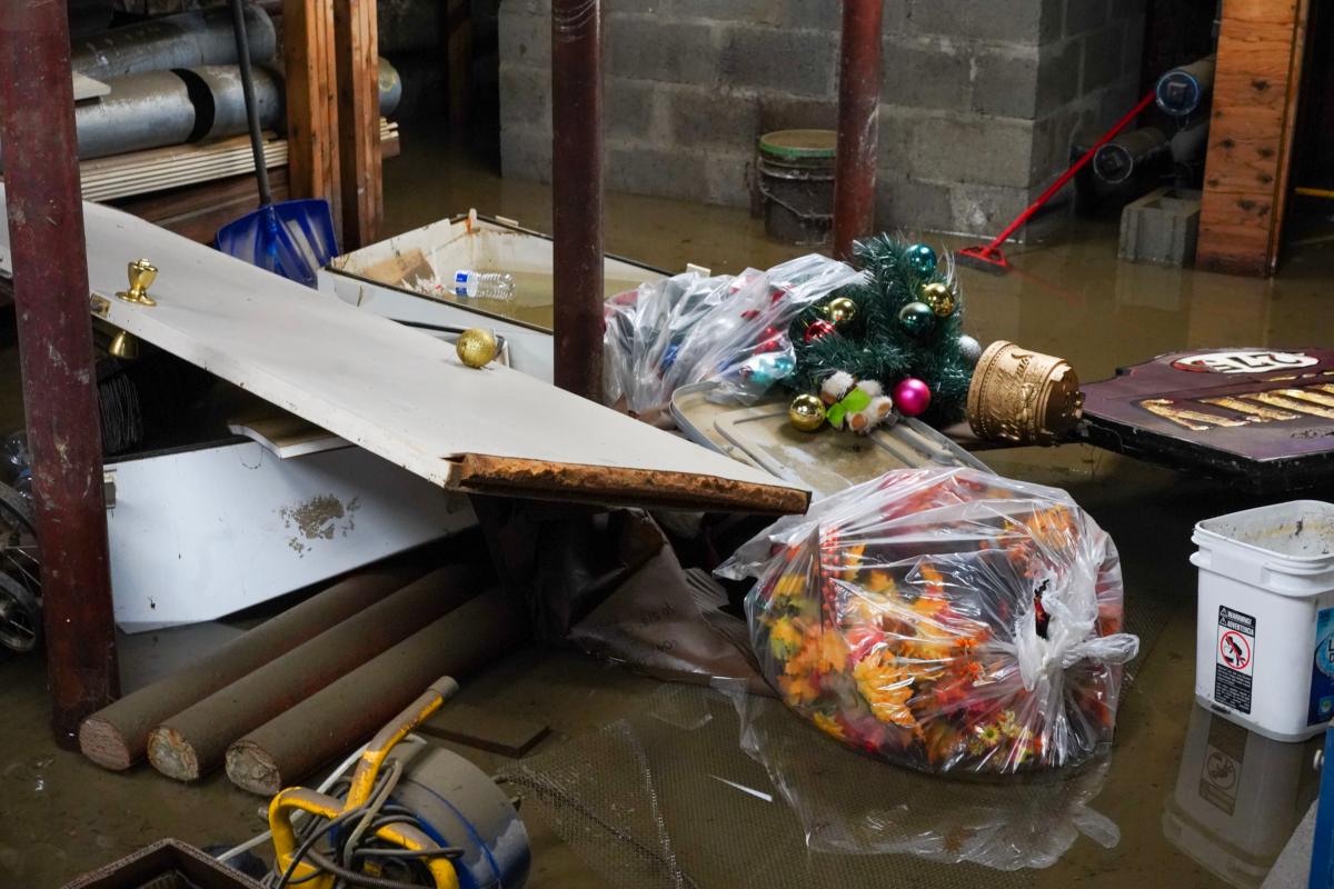 The basement of a laundry store on Main Street following a historic flood in Highland Falls, N.Y., on July 10, 2023. (Cara Ding/The Epoch Times)