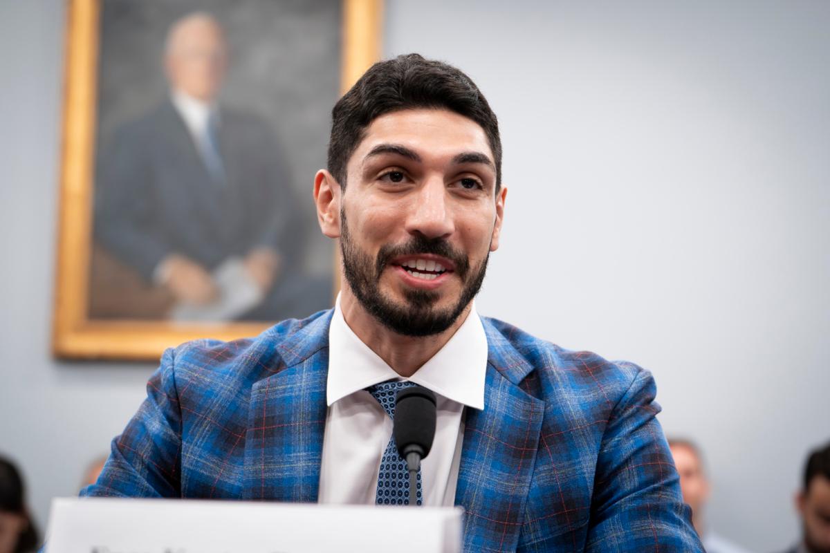 Enes Kanter Freedom, a human rights advocate and former NBA player, testifies before the Congressional-Executive Commission on China at a hearing about "Corporate Complicity: Subsidizing the PRC’s Human Rights Violations" in Washington on July 11, 2023. (Madalina Vasiliu/The Epoch Times)