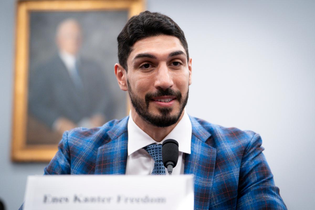 Enes Kanter Freedom, human rights advocate and former NBA basketball player, testifies before the Congressional-Executive Commission on China at a hearing about "Corporate Complicity: Subsidizing the PRC’s Human Rights Violations" in Washington on July 11, 2023. (Madalina Vasiliu/The Epoch Times)