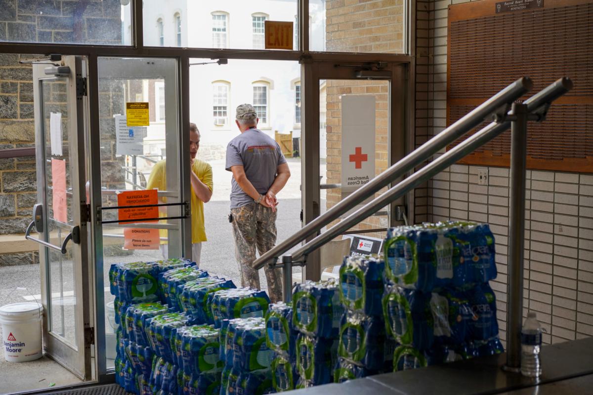 Water supplies at the Sacred Heart Church following a historic flood in Highland Falls, N.Y., on July 10, 2023. (Cara Ding/The Epoch Times)