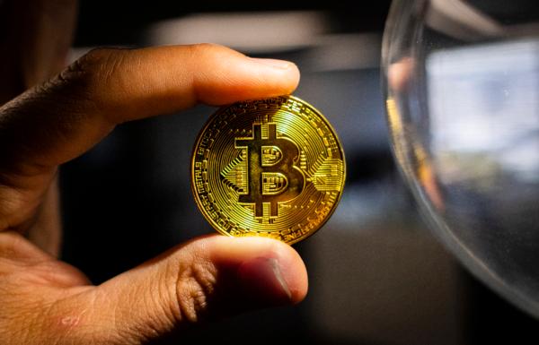 A Bitcoin mock-up on Jan. 12, 2022. (John Fredricks/The Epoch Times)