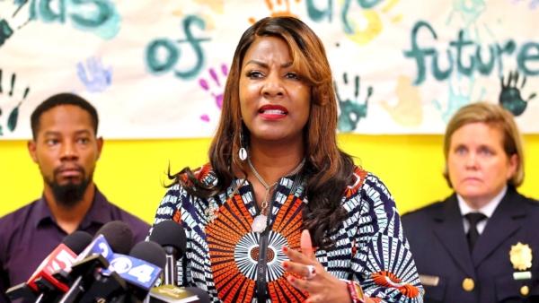 St. Louis Mayor Tishaura Jones (C) speaks during a news conference at the Wohl Recreation Center in St. Louis, Missouri, on June 18, 2023. (David Carson/St. Louis Post-Dispatch via AP)