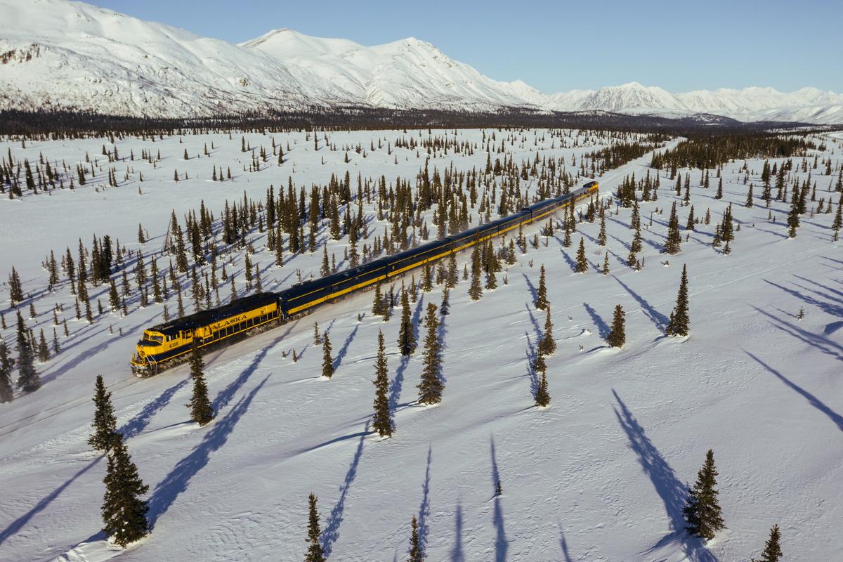 The Aurora Winter Train traverses Alaska's frozen landscape. (Courtesy of Alaska Railroad)