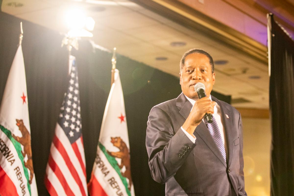 Larry Elder, then a candidate for governor of California, speaks with supporters at the Hilton hotel in Costa Mesa, Calif., on Sept. 14, 2021. (John Fredricks/The Epoch Times)