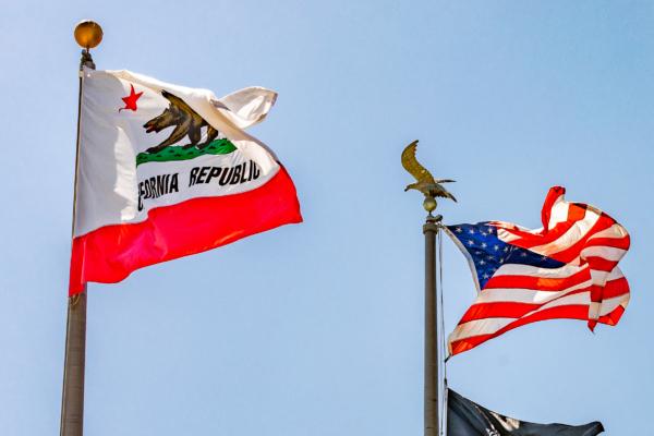 Flags fly at the Westminster Civic Center in Westminster, Calif., on Sep. 3, 2020. (John Fredricks/The Epoch Times)