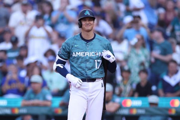 Shohei Ohtani (17) of the Los Angeles Angels reacts during the 93rd MLB All-Star Game presented by Mastercard at T-Mobile Park in Seattle on July 11, 2023. (Steph Chambers/Getty Images)