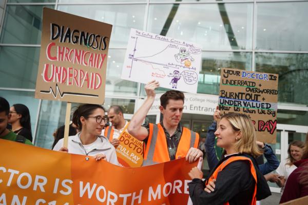 Junior doctor members of the British Medical Association on the picket line outside University College London hospital in Euston, London, on July 13, 2023. (James Manning/PA Media)