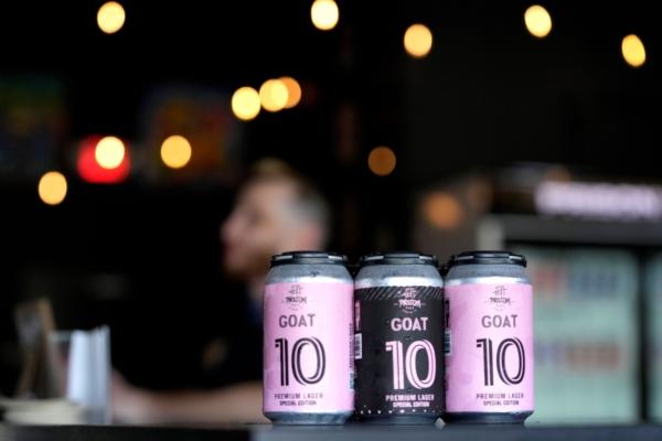 Beer brewed by the Prison Pals Brewery, labeled GOAT 10 in honor of Argentine soccer star Lionel Messi, at the Prison Pals Taproom in Doral, Fla., on July 11, 2023. (Lynne Sladky/AP Photo)