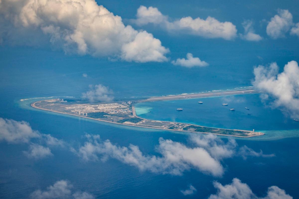 An airfield, buildings, and structures are seen on the artificial island built by China in Subi Reef, Spratly Islands, South China Sea, on Oct. 25, 2022. (Ezra Acayan/Getty Images)
