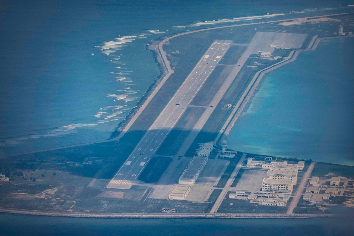 An airfield, buildings, and structures are seen on the artificial island built by China in Subi Reef on Spratly Islands, South China Sea, on Oct. 25, 2022. (Ezra Acayan/Getty Images)