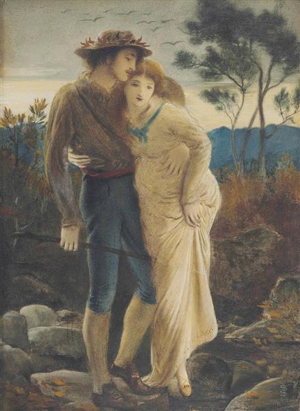 The purpose of speech is to console the beloved in John Donne's “A Valediction: Forbidding Mourning.” "Pastoral lovers," 1869, by Simeon Solomon. (Public Domain)