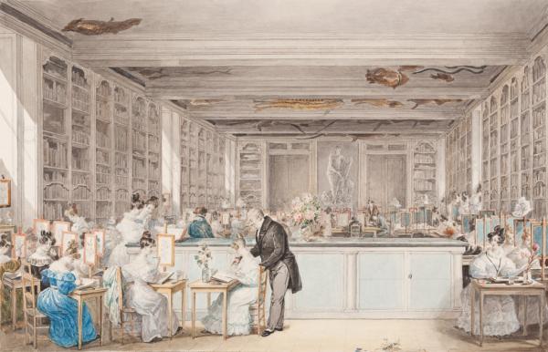 "Pierre-Joseph Redouté's School of Botanical Drawing in the Salle Buffon in the Jardin des Plantes," 1830, by Julie Ribault. Stylus and watercolor; 10 5/8 inches by 14 inches. Fitzwilliam Museum, Cambridge, England. (Public Domain)