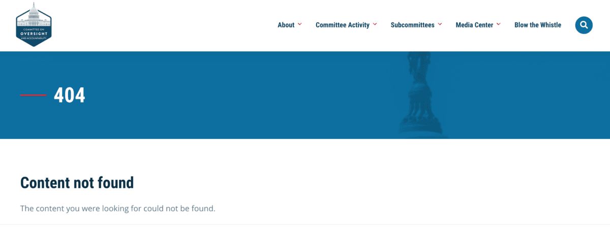 A website of the Committee on House Oversight and Accountability that shows that the report was removed following publication of The Epoch Times' article. (Screenshot/The Epoch Times)