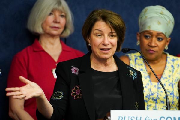 Senate Rules Committee Chair Amy Klobuchar (D-Minn.) speaks at a press conference on lowering prescription drug prices in Washington on July 13, 2023. (Madalina Vasiliu/The Epoch Times)