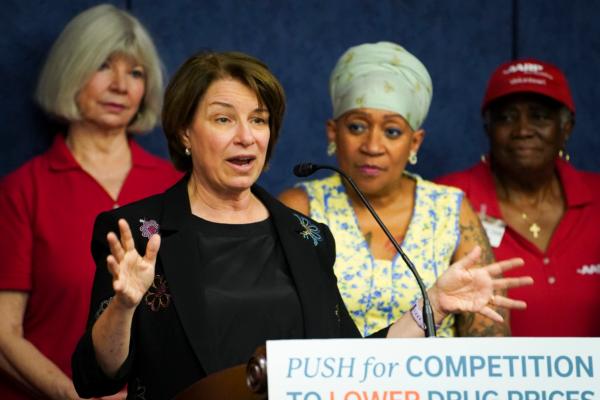 Sen. Amy Klobuchar (D-Minn.) speaks during a press conference on lowering prescription drug prices in Washington, on July 13, 2023. (Madalina Vasiliu/The Epoch Times)