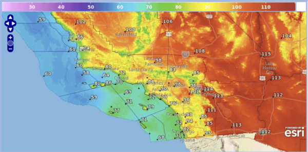 The highest temperatures (in Fahrenheit) forecast across Southern California in a graphic photo on July 13, 2023. (NWS/Screenshot via The Epoch Times)