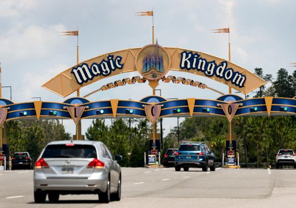 A sign near an entranceway to Walt Disney World in Orlando, Fla., on May 22, 2023. (Joe Raedle/Getty Images)