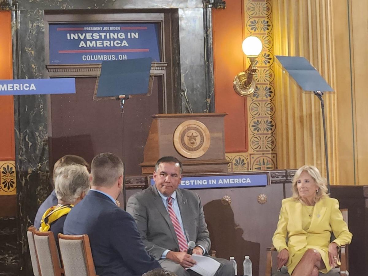 First Lady Jill Biden was joined by Columbus, Ohio mayor Andrew Ginther (D) and others on a panel to discuss the Biden Workforce Hub on July 12. (Jeff Louderback/Epoch Times)