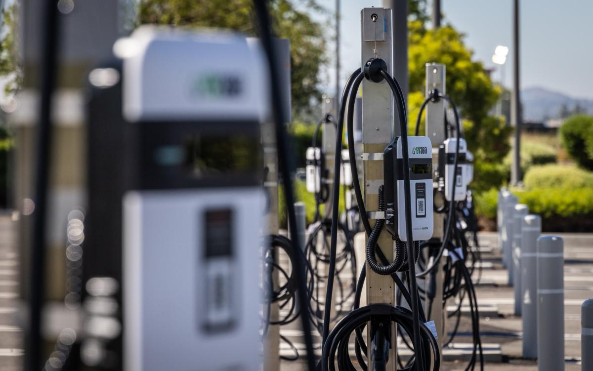 Electrical vehicle chargers in Irvine, Calif., on July 12, 2023. (John Fredricks/The Epoch Times)