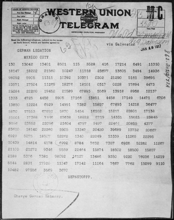 This telegram was sent by German Foreign Minister Arthur Zimmermann to the president of Mexico proposing a military alliance against the United States. (Public Domain)