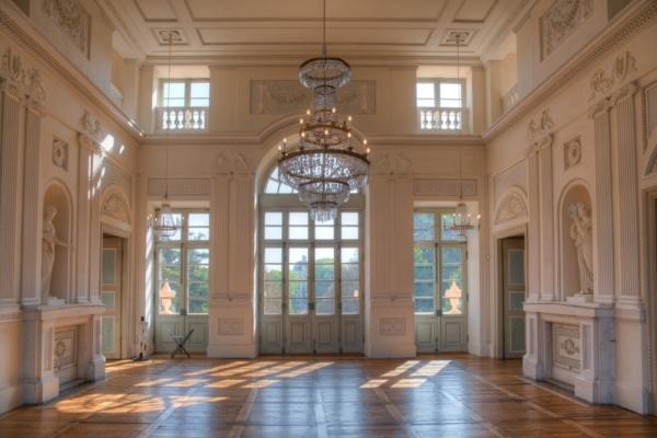 This room in the Favorite Palace represents the Neoclassical style, in its general layout and elegance. Tall doors and rectangular windows let the light in, giving the room a sense of brightness and airiness. Classical friezes and geometric motifs top the round arches and straight pillars to reveal Greek statues. (trabantos/Shutterstock)
