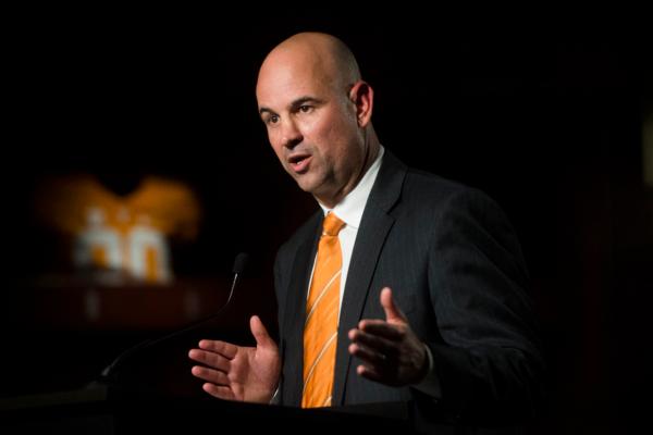 New Tennessee NCAA college football head coach Jeremy Pruitt speaks at his introduction ceremony in Knoxville, Tenn., on Dec. 7, 2017. (Caitie McMekin/Knoxville News Sentinel via AP)