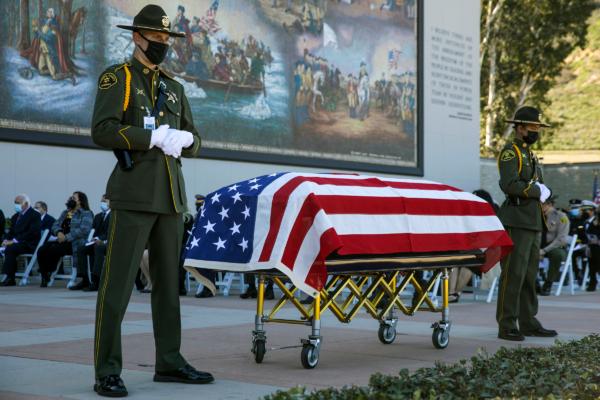 Funeral services for LAPD Officer Fernando Arroyos, who was shot and killed in January, takes place at Forest Lawn Hollywood Hills in Los Angeles, on Feb. 2, 2022. (Irfan Khan/Getty Images)