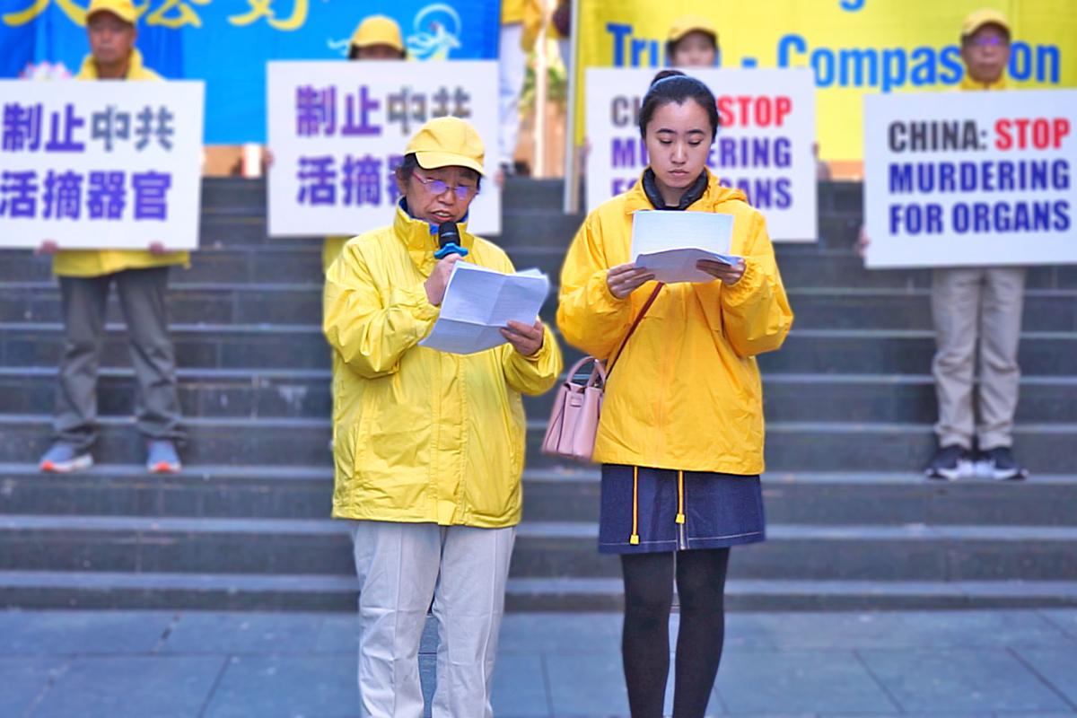 Wei Jun, who recently fled from Heilongjiang Province in China, spoke at a rally in Martin Place, Sydney, on July 14, 2023.