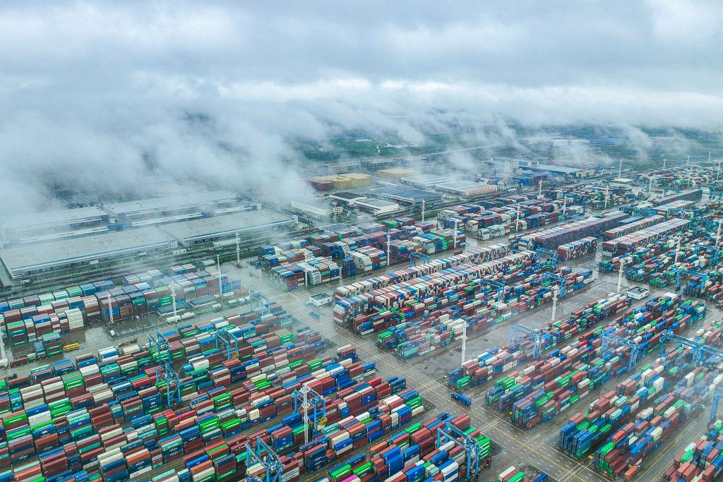 Shipping containers stack at Zhoushan port in Ningbo, in China's eastern Zhejiang province, on Apr. 19, 2023. (STR/AFP via Getty Images)