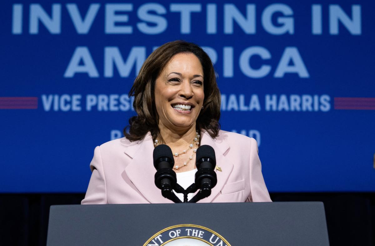 Vice President Kamala Harris speaks during the conclusion of the Investing in America tour at Coppin State University in Baltimore, Md., on July 14, 2023. (Saul Loeb/AFP via Getty Images)