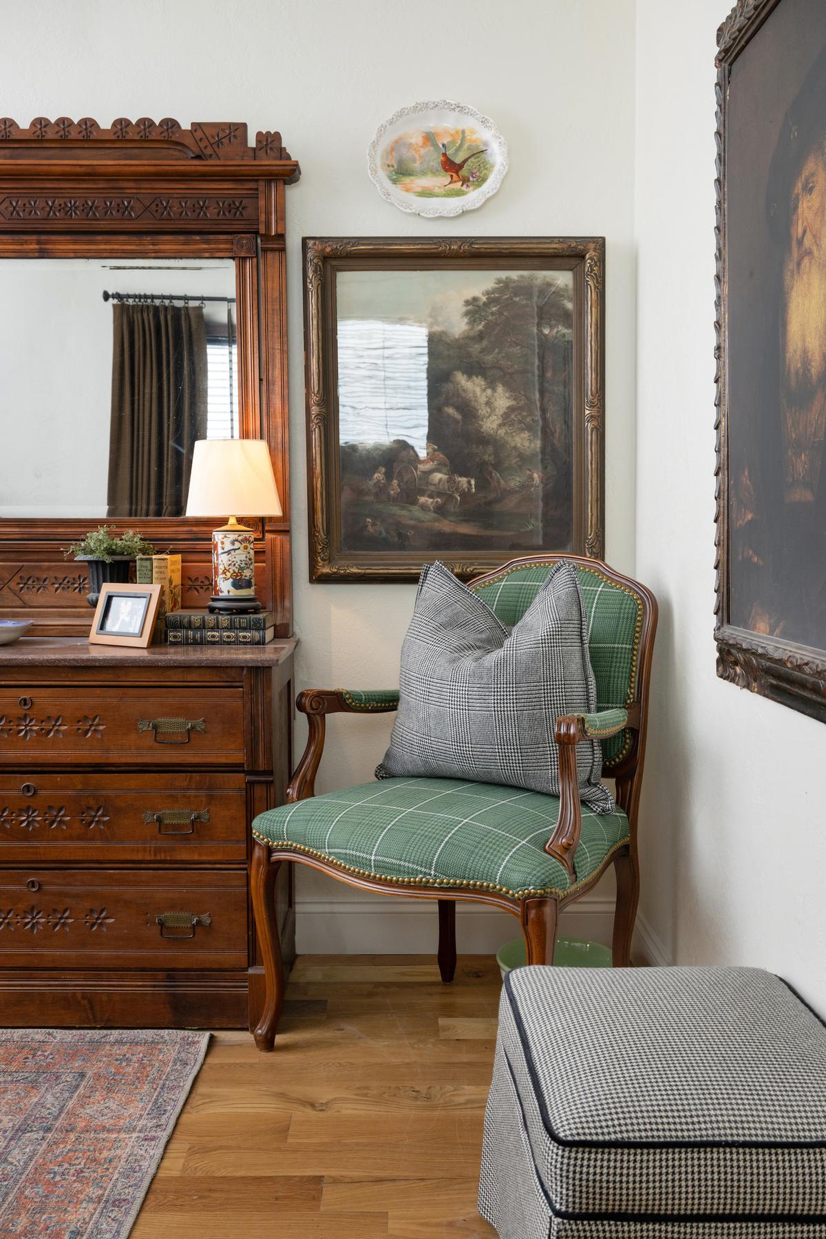 The focal point of the lodge-inspired guest bedroom is the green chair, which Carlie recently had reupholstered with a stunning green Thibaut houndstooth fabric, breathing new life into this cherished chair. (Handout/TNS)