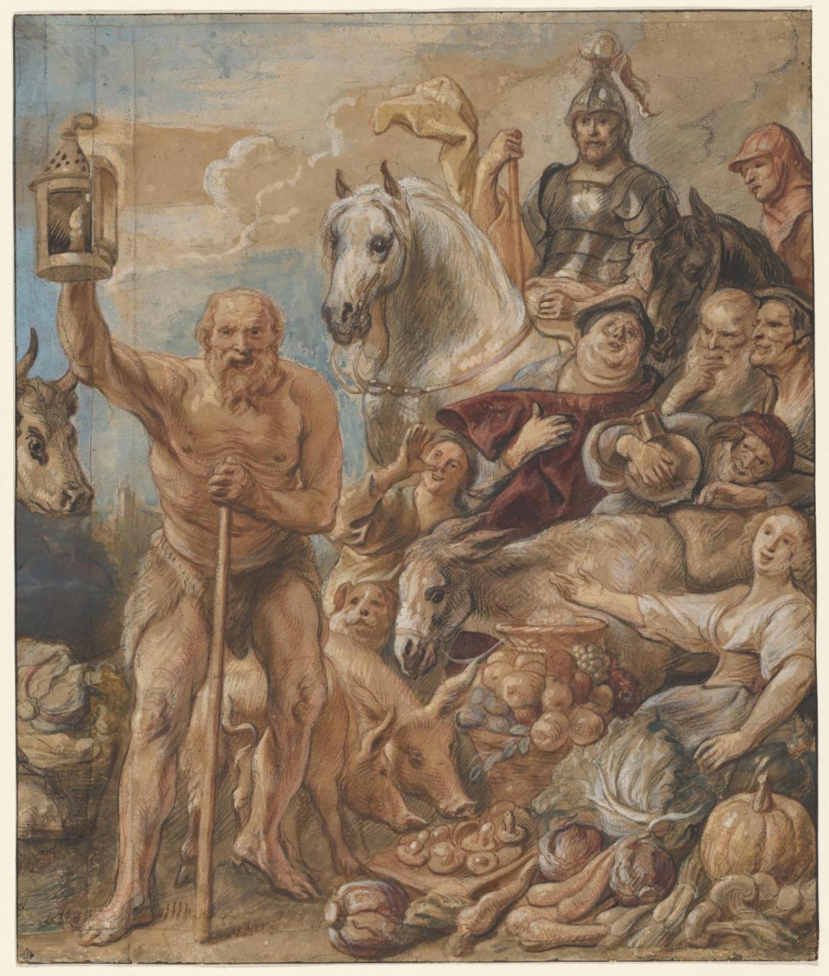 A drawing of Diogenes (fourth century Greek philosopher) in search of an honest man, 1642, by Jacob Jordaens. National Gallery of Victoria, Australia. (Public Domain)